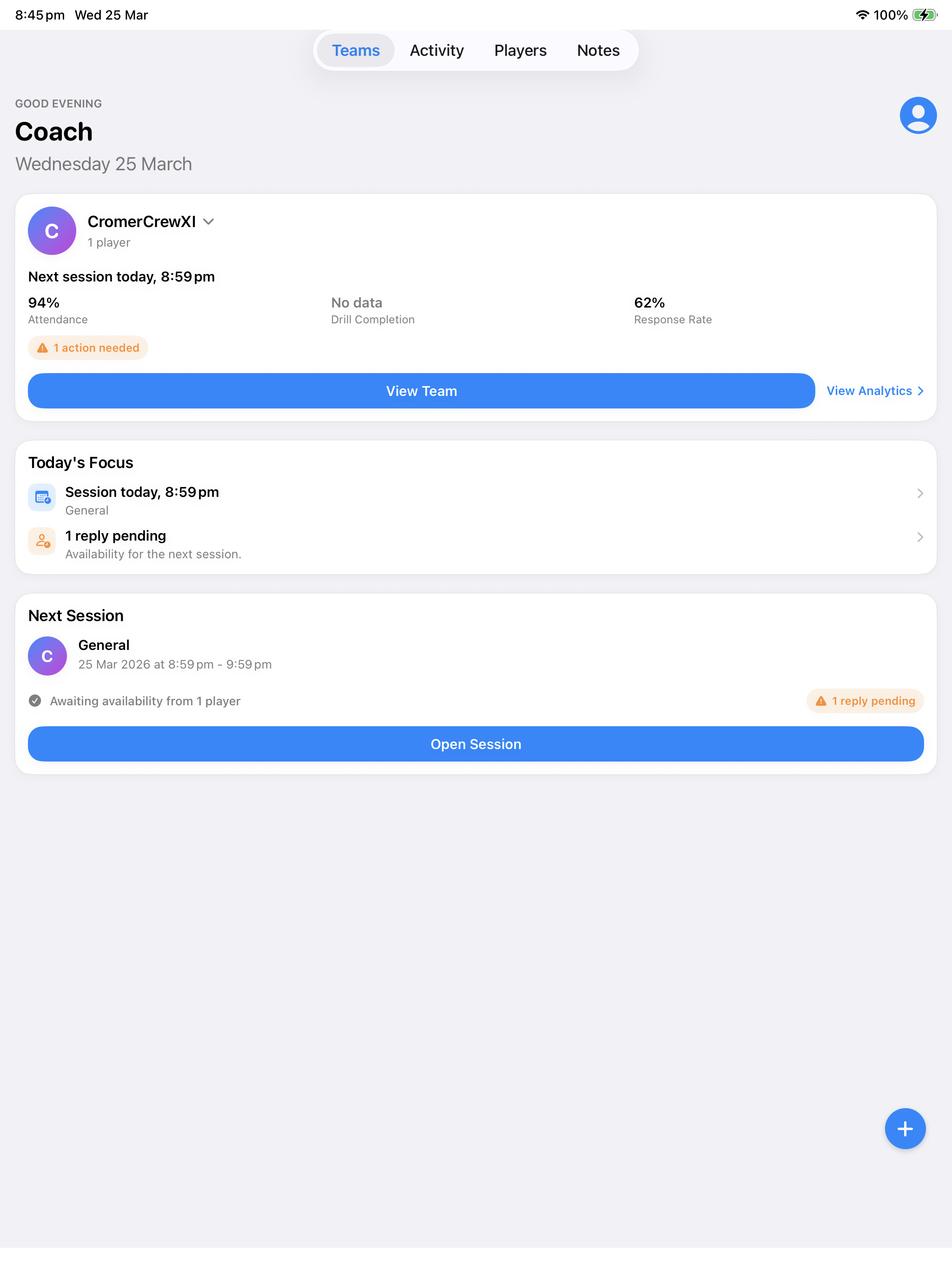 Switch Hit coach view showing player context